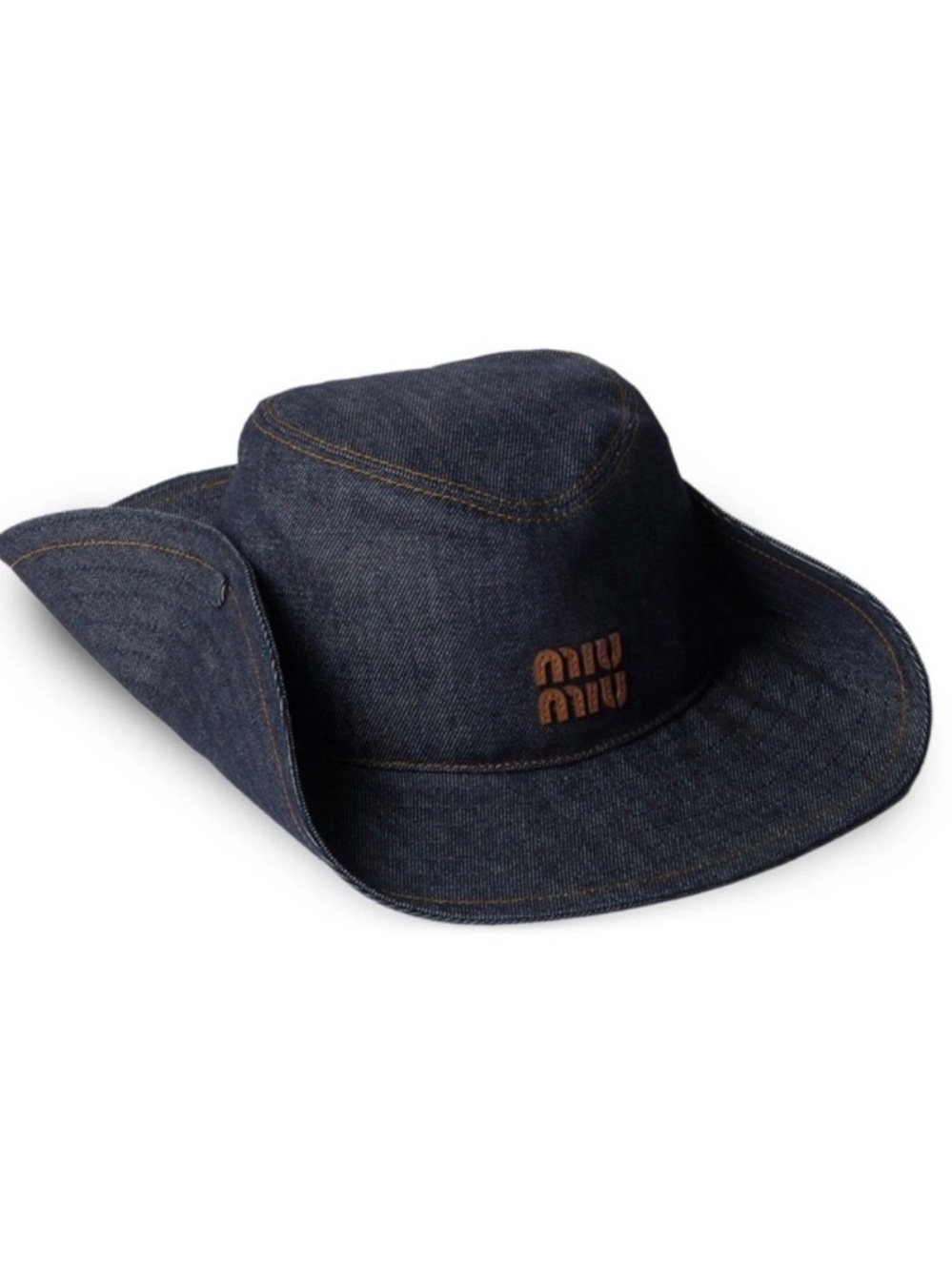 Miu Miu Dark Denim Wide-Brim Bucket Hat with Logo